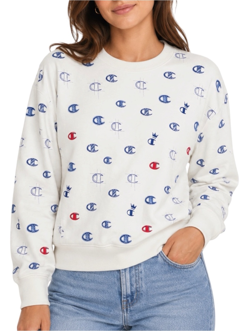 CHAMPION White Graphic Logo Pullover Sweater Small